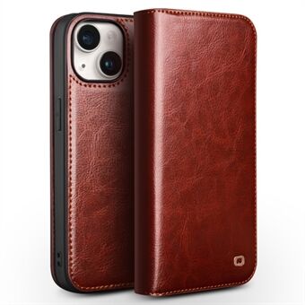 QIALINO För iPhone 15 Plus Anti-Drop äkta läderfodral med stativ Fullt insvept plånboksfodral med flipplock.