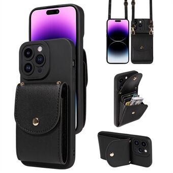 För iPhone 15 Plus Motståndskraftigt TPU-telefonfodral med stötfångare, plånboksfodral och axelrem.
