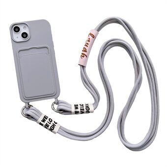 För iPhone 15 Plus vätskesilikontelefonfodral med kortplats skyddande överdrag med rem.