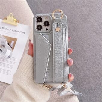 För iPhone 15 Plus-korthållare handledstelefonfodral i PU-läder + PC-omslag med axelrem