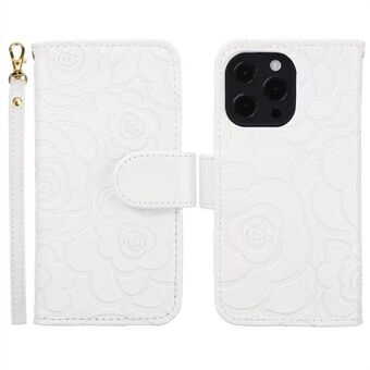För iPhone 15 Plus PU-läder plånboksställtelefonfodral med kamelia-avtryck och anti-droppskydd.