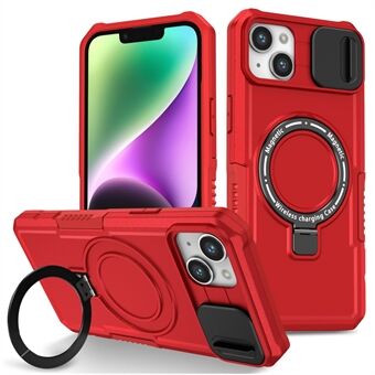 Kickstöd för mobiltelefon för iPhone 15 Plus Kompatibel med MagSafe Anti-Drop PC + TPU Skydd med Skjutbar Linsvakt