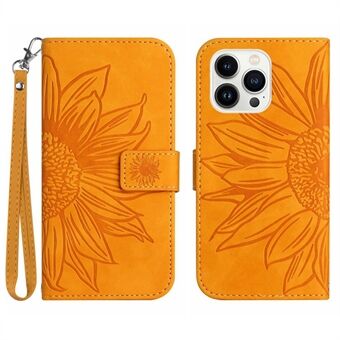 HT04 Telefonskal för iPhone 15 Pro, Sunflower-mönster ståndläderplånboksfodral med handrem.