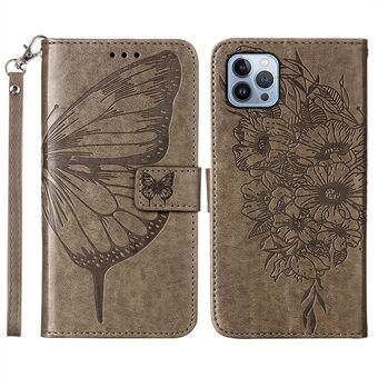 YB Imprinting-serien 4 för iPhone 15 Pro Läderfodral med stånd och plånbok, fjärilspräglat omslag med rem.