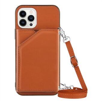YB-1-serien för iPhone 15 Pro-korthållare Kickstand-skal av läder+TPU-telefonfodral med axelrem
