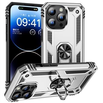 För iPhone 15 Pro Kickstand-mobilfodral i PC+TPU-material med inbyggd magnetisk hållare och metallplatta.