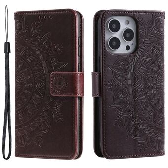 För iPhone 15 Pro Flip Phone Case PU-läder Mandala Blomtryck Stå Plånboksfodral med Rem