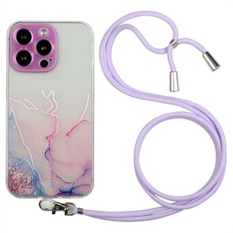 För iPhone 15 Pro Marmormönstrad präglad telefonväska, flexibelt TPU-baksida med snodd