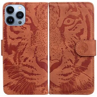 För iPhone 15 Pro Präglad Tigertelefon Läderfodral Stånd Plånboksfodral