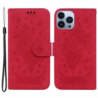 För iPhone 15 Pro-plånboksfodral med stativ Rose Butterfly Imprinted PU läder telefonfodral