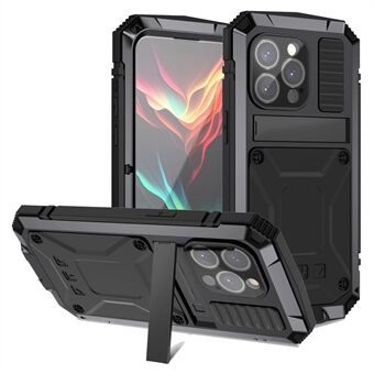 R-JUST För iPhone 15 Pro Kickstand Mobilskal PC+Silikon+Metall Stötsäkert skydd med härdat glas film