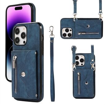 För iPhone 15 Pro PU-Läder+TPU-Fickfodral med dragkedja, stativ, plånbok, RFID-blockering och remmar.