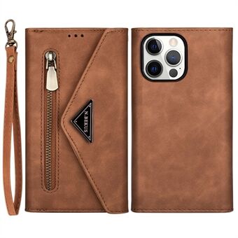 N.BEKUS För iPhone 15 Pro Plånboksfodral i läder med dragkedjeficka och stativ Telefonfodral med kort + lång rem.