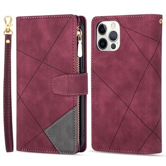 För iPhone 15 Pro plånbok med dragkedja, ficka, linjerade tryck, stativ, läderfodral.