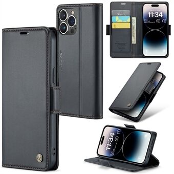 CASEME 023-serien till iPhone 15 Pro är ett plånboksfodral i läder med ståfunktion och RFID-blockering. Fodralet är täckt i läder med litchi-textur och har en glänsande yta.