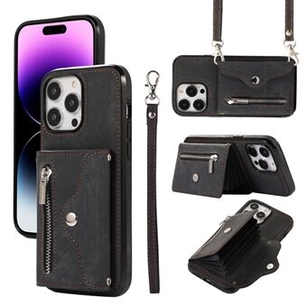 För iPhone 15 Pro RFID-blockerande PU-läder + TPU-telefonfodral med dragkedjeficka, kortplatser och skyddande lock med axelrem.