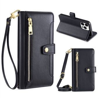 För iPhone 15 Pro Zipper Kreditkortshållare Case i PU-läder med ståfunktion, plånbok och handlovsrem