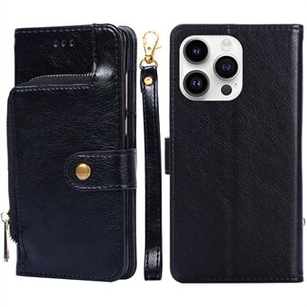 Blixtlåsförsedd plånboksfodral med ficka för iPhone 15 Pro, stående PU-läderfodral med rem.