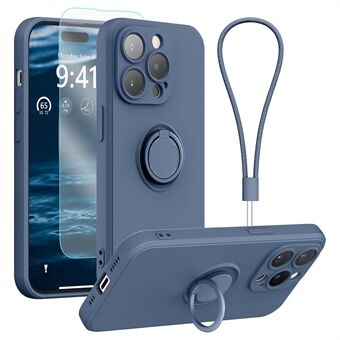 För iPhone 15 Pro Mobilfodral med Ringhållare Kickstand Flytande Silikonfodral med Rem + Tempererat Glas Skärmskydd.