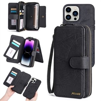 MEGSHI 004-serien för iPhone 15 Pro är ett avtagbart magnetiskt läderfodral med dragkedjeficka, plånbok och ställ för telefonen.