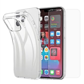 För iPhone 15 Pro mjuk TPU genomskinligt telefonfodral med 2.5D bågad kant härdat glasskärmsfilm