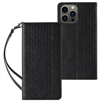 För iPhone 15 Pro Inpräntad plånboksfodral i PU-läder med magnetiskt stängning, stativ och rem.