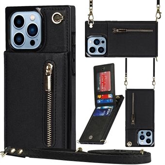 För iPhone 15 Pro Antifallskydd i PU-läder+TPU-tyg med dragkedja, plånboksfunktion och ställ för telefonen med axelrem.