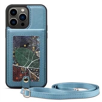 För iPhone 15 Pro Mönstrad Korthållare Stödben Mobilskal i PU-läder+TPU-fodral med Lång Rem