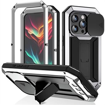 R-JUST För iPhone 15 Pro Skjutkamera Lock Kickstand Fodral i Silikon+Metall+Plast med Härdat Glas Skärmskydd