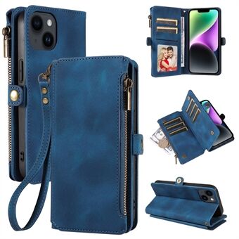 Dragkedjeficka RFID-blockerande mobilfodral för iPhone 15 Pro, plånboksfodral av PU-läder med ställ