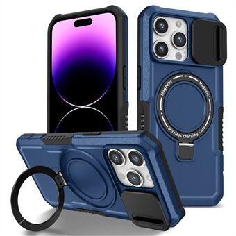 Kickstandfodral för iPhone 15 Pro Kompatibelt med MagSafe PC+TPU-fodral med skjutbar linsvakt