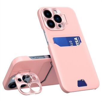 För iPhone 15 Pro Korthållare Läder+PC Telefonfodral Metalllinsram Stativstöd Antirepskydd