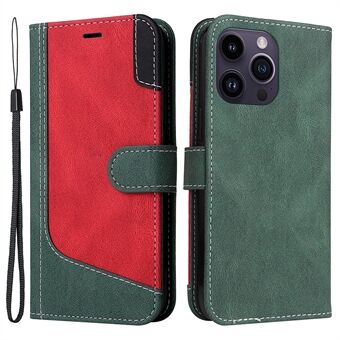 För iPhone 15 Pro Max PU läderstativfodral Tre-färgsatsning plånboksfodral till telefon med handledsrem
