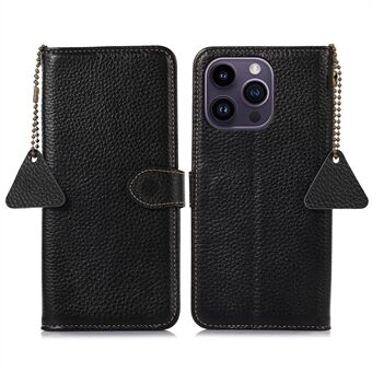 Plånboksfodral för iPhone 15 Pro Max med RFID-blockering, äkta läder med litchimönster, flipomslag.