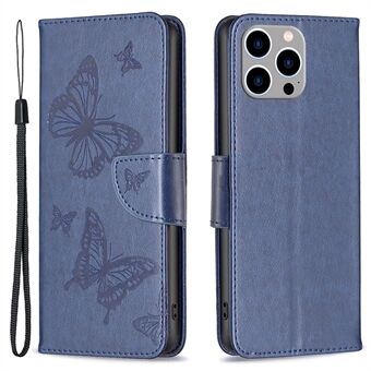 För iPhone 15 Pro Max Flip Case med fjärilspräglad läder, anti-damm, stativ och plånboksfunktion med rem.
