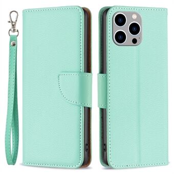 För iPhone 15 Pro Max plånbok i PU-läderfodral Litchi-textur Ställningsväska med avhängare.