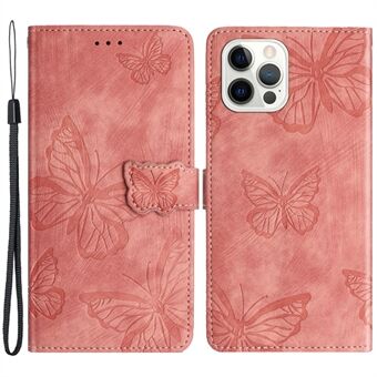 För iPhone 15 Pro Max Präglade fjärilar Telefonfodral i skinnliknande plånboksstil med ställ och rem