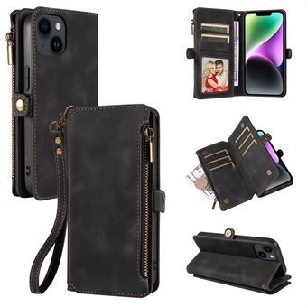 För iPhone 15 Pro Max mobilfodral med dragkedja, ficka, plånbok, RFID-blockering, stativ och läderöverdrag som skyddar mot repor, med tillhörande rem.