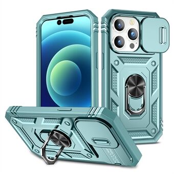 För iPhone 15 Pro Max Kickstand-fodral med korthållare, PC+TPU-skal med skjutbar kameraskydd