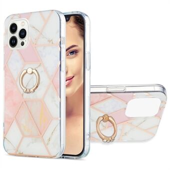 För iPhone 15 Pro Max YB IMD Series-7 Ring Kickstand TPU Case Electroplating Splicing Marble Pattern IMD Phone Cover