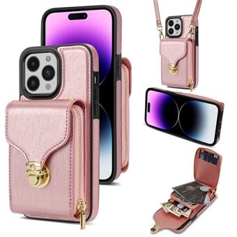 För iPhone 15 Pro Max Zipper Pocket Card Holder Case Kickstand PU-läder + TPU Telefonfodral med axelrem.