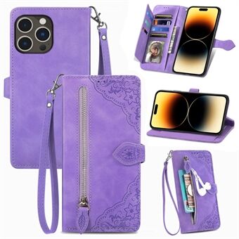 För iPhone 15 Pro Max blixtlåsförsedd ficka, blomtryck i läder, ståndväska, mobilfodral.