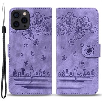 Anti-drop Case för iPhone 15 Pro Max i läder, plånboksställ, tryckt med blomsterkattmotiv och med rem.