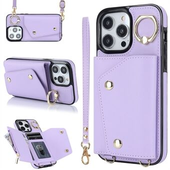 För iPhone 15 Pro Max Zipper Wallet Ring Kickstand Case PU Läder+TPU Telefonfodral med 2 Remmar