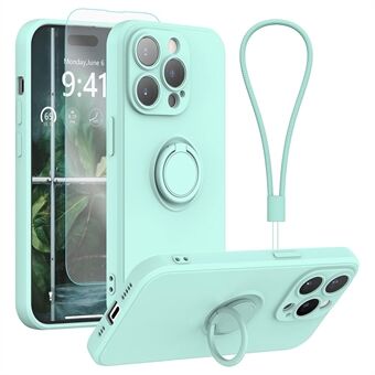 För iPhone 15 Pro Max Ringhållare Kickstand Flytande Silikon Telefonfodral med Rem + Härdat Glas Skärmskydd