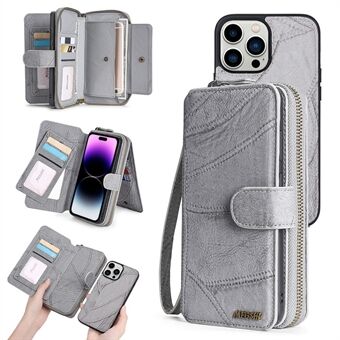 MEGSHI 004-serien för iPhone 15 Pro Max, avtagbart magnetiskt mobilskal med dragkedjeficka, plånboksställ och läderöverdrag.