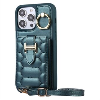 För iPhone 15 Pro Max Ringhållare Kickstand PU-läder+TPU-skydd Telefonfodral Korthållare Mobilskydd