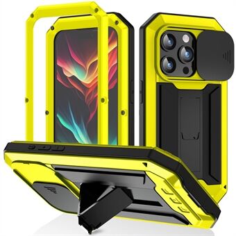 R-JUST För iPhone 15 Pro Max Skjutkamera Skydd Silikon+Metall+Plast Kickstand Chassi Härdat Glas Skärmskydd Telefonfodral