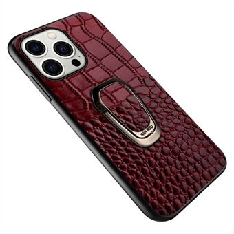 För iPhone 15 Pro Max Anti-scratch Full Grain Cow Leather TPU Skydd Crocodile Textur Telefonhölje med Ring Kickstand