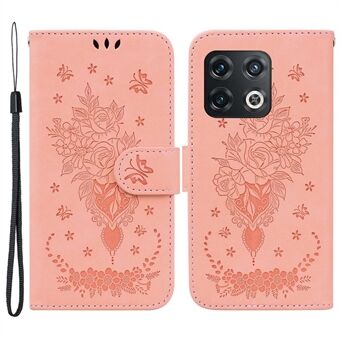 För OnePlus 10 Pro Imprinting Roses Butterflies Pattern Shockproof läder telefonfodral Slagtåligt Stand